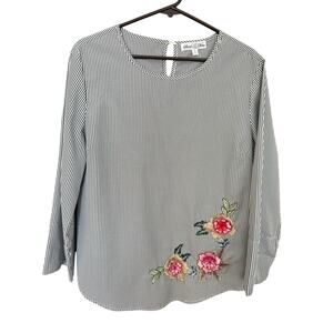 Stem & Vine Floral Embroidered Striped Blouse Womens Size Large Black White